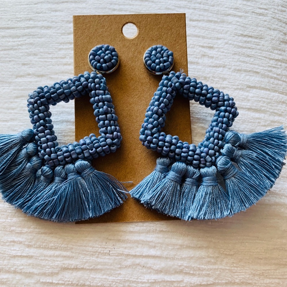 Blue beaded and tassel drop earrings